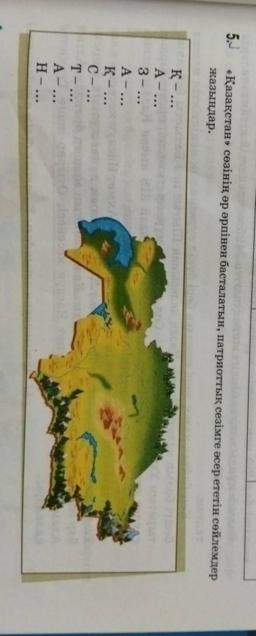 «Қазақстан» сөзінің әр әрпінен басталатын, патриоттық сезімге әсер ететін сөйлемдер жазыңдар. Қ - ..