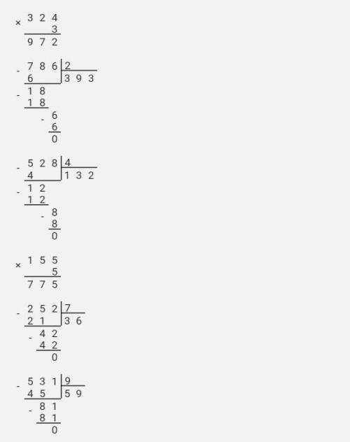 2. Вычисли. Выполни проверку. 324•3 786:2 528:4 155•5252:7531:9
