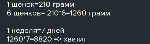 решить задачу с краткой записью Щенок съедает в день 210 г сухого корма. Хватит ли 10 кг корма шести