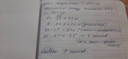 Терраса имеет длину 20 метров. Сколько можно расположить в ряд круглых столов, длина окружности кото