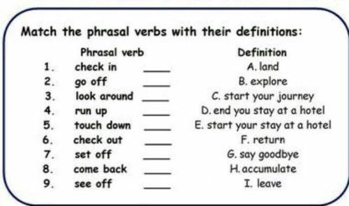 Match the phrasal verbs with their definitions: Definition A. land B. explore 1. check in go off