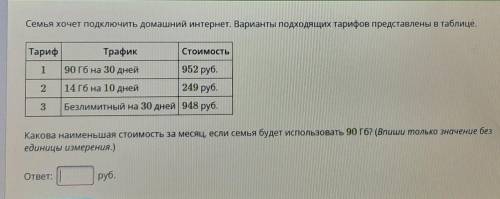 семья хочет подключить домашний интернет. варианты подходящих тарифов представлены в таблице. Какова