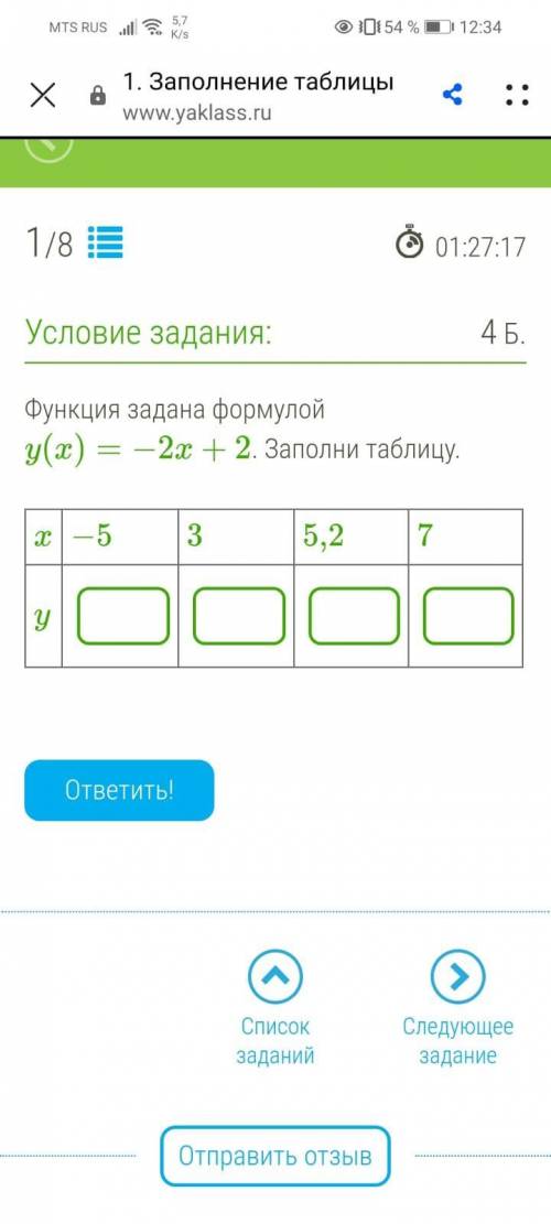 Функция задана формулой y(x) = -2x+2 заполни таблицу