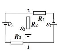 В схеме, изображенной на рисунке, ε1 = 30 В, ε2 = 20 В, ε3 = 10 В, R1 = 12 Ом, R2 = 7 Ом, R3 = 9 Ом.