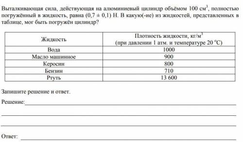 Выталкивающая сила, действующая на алюминиевый цилиндр объёмом 100 см3 , полностью погружённый в жид