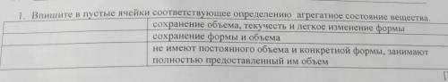 Впишите в пустые ячейки соответствующие определению агрегатного состояния вещества