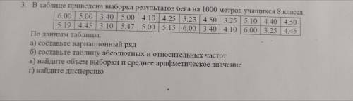 В таблице приведена выборка результатов бега на 1000 метров учащихся 8 класса  А) составьте вариацио