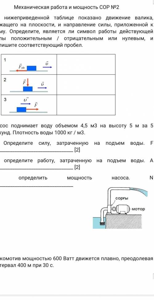 сор На нижеприведенной таблице показано движение валика, лежащего на плоскости, и направление силы, 