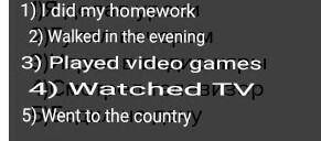 Переведите предложения 1)Я делал уроки2)Гулял вечером3)Играл в видио игры4)Смотрел телевизор5)Ездил