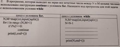 2. В программе, которая выводит на экран все нечетные числа между N и м целыми числами использована 