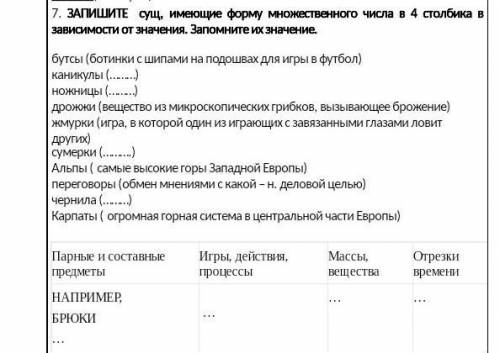 7. ЗАПИШИТЕ сущ, имеющие форму множественного числа в 4 столбика в зависимости от значения. Запомнит