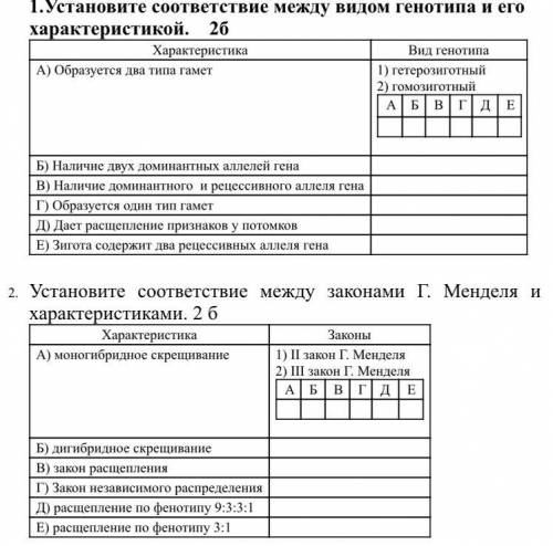 Установите соответствие между видом генотипа и его характеристикой. 2б Характеристика Вид генотипа А