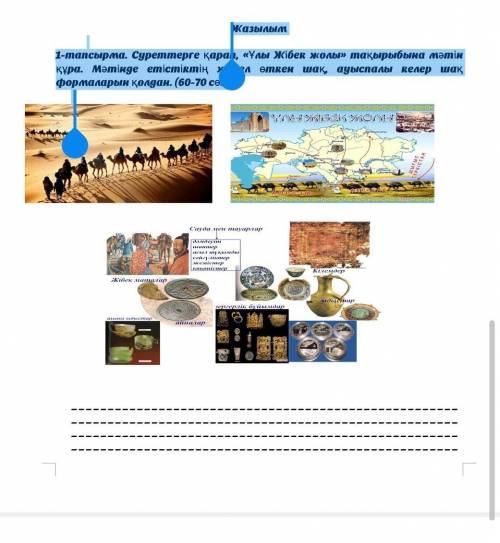 Жазылым 1-тапсырма. Суреттерге қарап, «Ұлы Жібек жолы» тақырыбына мәтін құра. Мәтінде етістіктің жед