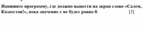 Напишите программу где должно вывести на экран слово Салем Казахстан! пока значение x не будет рав