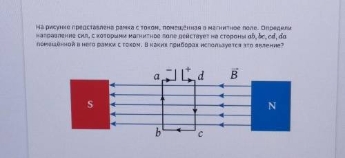 На рисунке представлена рамка с током, помещённая в магнитное поле. Определи направление сил, с кото