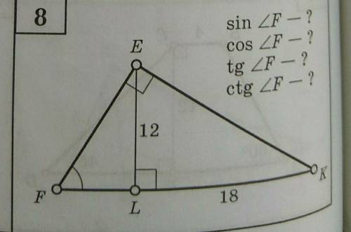 Задача по геометрии , нужно найти синус, косинус, тангенс и котангенс угла F