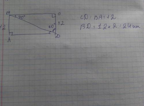 КР! Диагональ BD прямоугольника ABCD со стороной BC образует угол в 30°. Вычисли диагональ BD, если