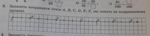 Запишіть координати точок A, B, C, D, E, F,що лежать на координатному промені (3 задание)