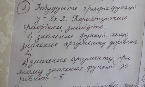 Побудуйте графік функції y=3x-2 користуючись графіком,знайдіть 1) значення функції, якщо значення ар