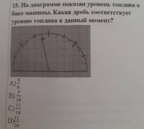 15. На диаграмме показан уровень топлива в баке машины. Какая дробь соответствует уровню топлива в д