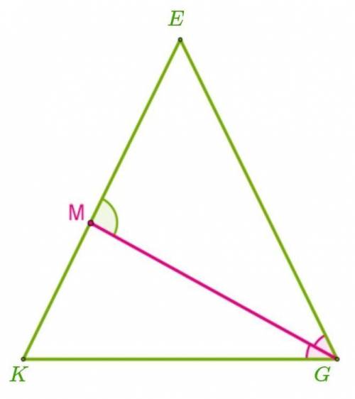 В равнобедренном треугольнике проведена биссектриса GM угла G у основании KG, GME = 72°. Определите 