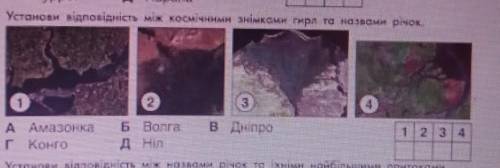 5. Установи відповідність між космічними знімками гирл та назвами річок. 1 2 болга в Дніпро А разр к