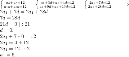 \left \{ {{a_4+a_5=12} \atop {a_{10}+a_{20}=12}} \right.\ \ \ \ \left \{ {{a_1+3d+a_1+4d=12} \atop {a_1+9d+a_1+19d=12}} \right. \ \ \ \ \left \{ {{2a_1+7d=12} \atop {2a_1+28d=12}} \right. \ \ \ \ \ \ \Rightarrow\\2a_1+7d=2a_1+28d\\7d=28d\\21d=0\ |:21\\d=0.\\2a_1+7*0=12\\2a_1=0+12\\2a_1=12\ |:2\\a_1=6.