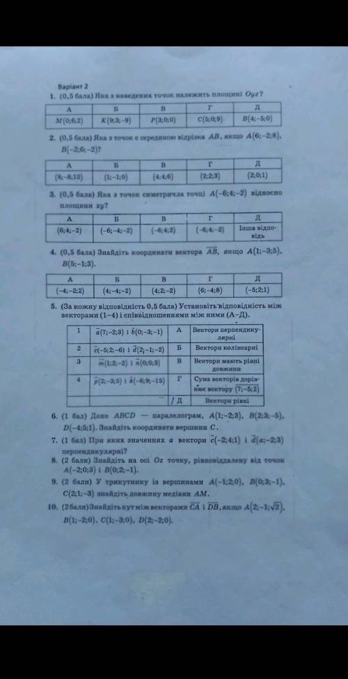 1. Яка з наведених точок належить площині Oyz? A:M(0;6;2) Б;K(9;3-9) В: Р(3;0:0) Г:С(5;0;9) Д:(4;-5;