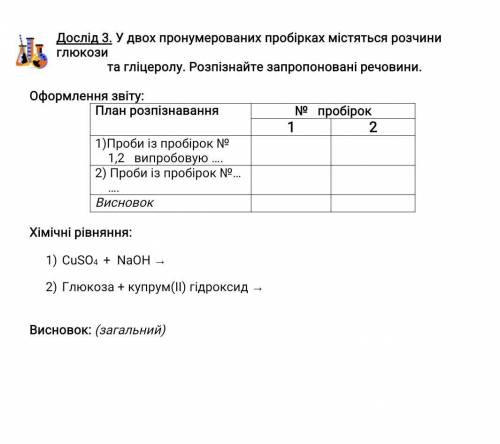 У двох пронумерованих пробірок міститься глюкоза і гліцерол