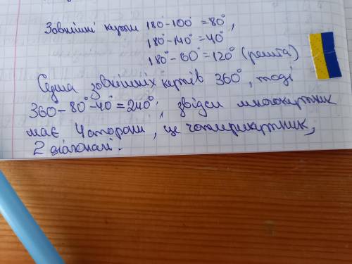 Два кути опуклого многокутника дорівнюють 100° і 140°, а всі інші – по 120°.Знайдіть кількість сторі