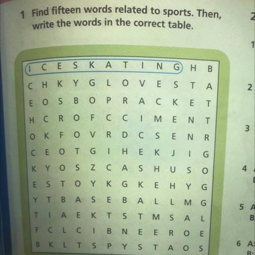 1 Find fifteen words related to sports. Then, write the words in the correct table. G Ο C E S Κ Α Τ 