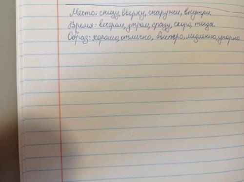 .Запиши наречия в три столбика обозначающие место действия время действия образ действия