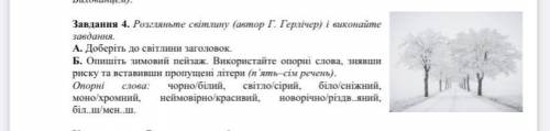 А. Доберіть до світлини заголовок. Б. Опишіть зимовий пейзаж. Використайте опорні слова, знявши риск