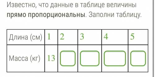 Известно, что данные в таблице величины прямо пропорциональны. Заполни таблицу. Длина (см) |1 |2 3. 