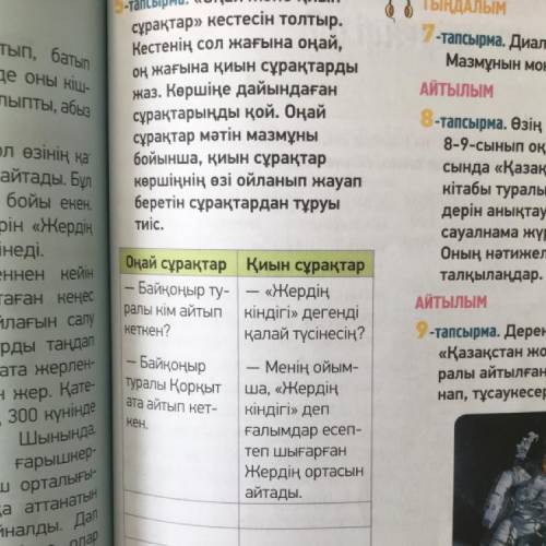 ЖАЗЫЛЫМ -тапсырма. «Оңай және қиын сұрақтар» кестесін толтыр. Кестенің сол жағына оңай, оң жағына қи