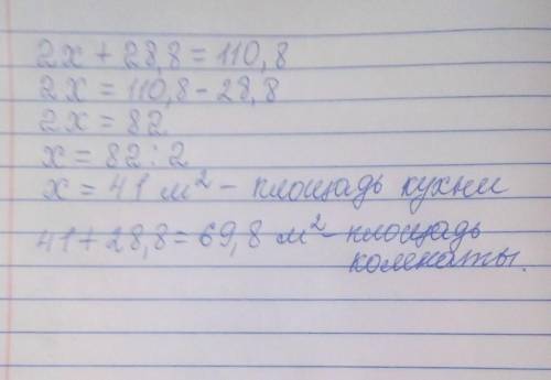 решите задачу с уравнения. площадь кухни и комнаты вместе 110,8 м2. площадь комнаты на 28,8 м2 больш