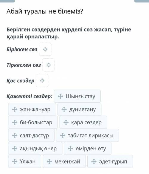 Абай туралы не білеміз? Берілген сөздерден күрделі сөз жасап, түріне карай орналастыр.Бiрiккен сөзТi