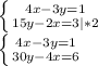 \left \{ {{4x-3y=1 } \atop {15y-2x=3 |*2}} \right. \\\left \{ {{4x-3y=1} \atop {30y-4x=6}} \right. \\