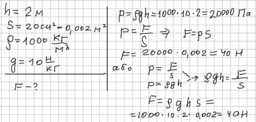 Судно має пробоїну на глибині 2 м. Площа отвору 20 см2 . Пробоїну закрили пластиром. Яку силу потріб
