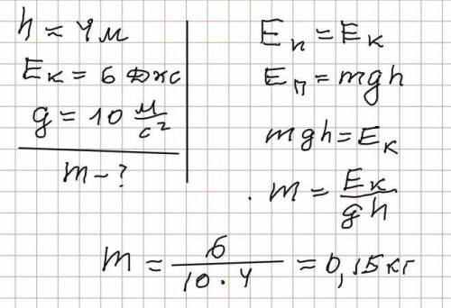 Яблуко падає з гілки на висоті h=4 м. Перед торканням землі яблуко має кінетичну енергію Ек=6 Дж. Ви