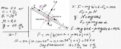 На похилій площині з кутом нахилу 30 градусів лежить вантаж, маса якого 50 кг. Яку силу треба прикла