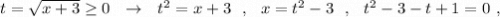 t=\sqrt{x+3}\geq 0\ \ \to \ \ t^2=x+3\ \ ,\ \ x=t^2-3\ \ ,\ \ t^2-3-t+1=0\ ,