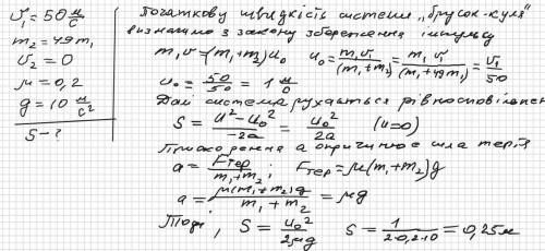 Куля з пневматичної гвинтівки, що летить горизонтально зі швидкістю 50 м/с. улучае в брусок, що лежи