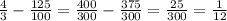 \frac{4}{3} - \frac{125}{100 } = \frac{400}{300} - \frac{375}{300 } = \frac{25}{300} = \frac{1}{12}