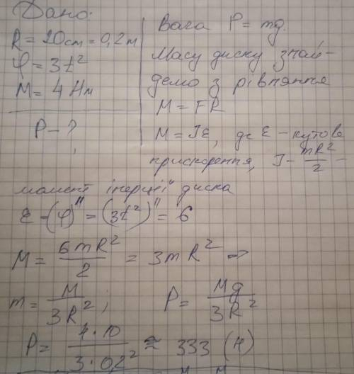 Визначити вагу однорідного диска радіуса R=20 см, який обертається навколо нерухомої осі, перпендику