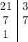 \begin{array}{c|c} 21&3 \\ 7&7 \\ 1& \end{array}