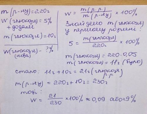 До іть будь ласка!) До розчину 220 г з масовою часткою глюкози 5% додали глюкозу масою 10г, Обчисліт