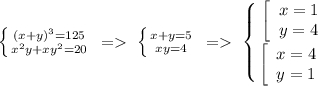 \left \{ {{(x+y)^3=125} \atop {x^2y+xy^2=20}} \right. \ = \ \left \{ {{x+y=5} \atop {xy=4}} \right. \ = \ \left \{ {\left[\begin{array}{ccc}x=1\\y=4\end{array}\right \atop {\left[\begin{array}{ccc}x=4\\y=1\end{array}\ }}