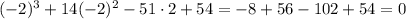 (-2)^3+14(-2)^2-51\cdot 2+54=-8+56-102+54=0