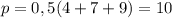 p=0,5(4+7+9)=10